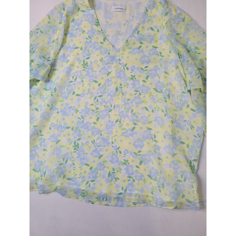 Calvin Klein Floral Ruffle Sleeve V-Neck Blouse Yellow Blue Chiffon Top
